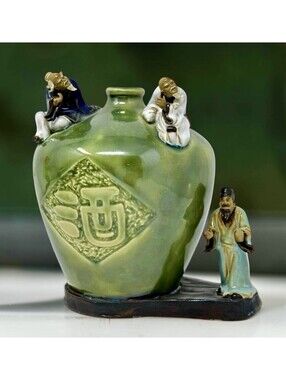 Vintage Chinese Shiwan pottery Mudmen Glazed Celadon Green Wine Jug Vase- Signed